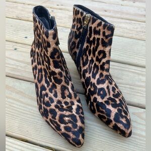 Sam Edelman Lucy Leopard Real Fur Point Toe Kitten Heel Zip Ankle Booties 7.5